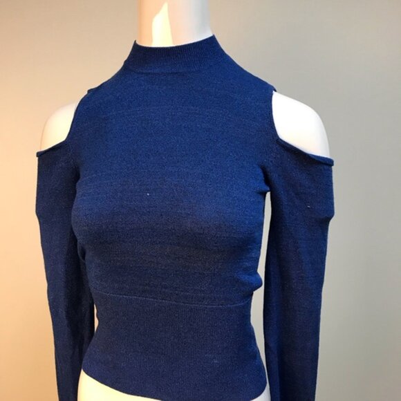 Bebe Royal Blue Sparkle Cold Shoulder Long Sleeve Top Medium - Picture 6 of 7
